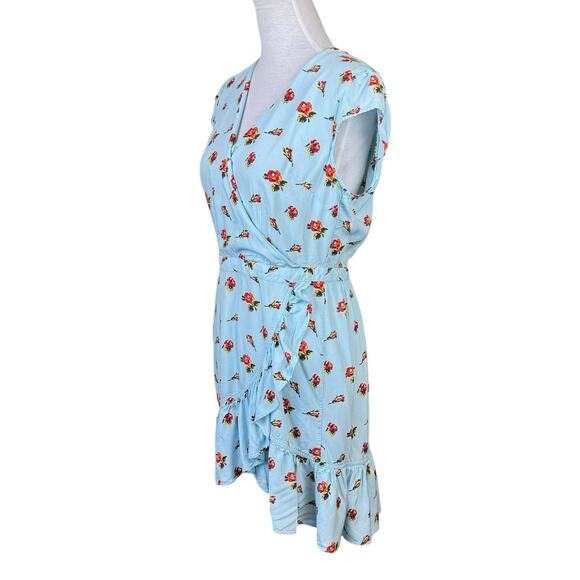 J Crew Mercantile Baby Blue Rose Floral Cap Sleeve Faux Wrap Ruffle Mini Dress - Picture 3 of 12